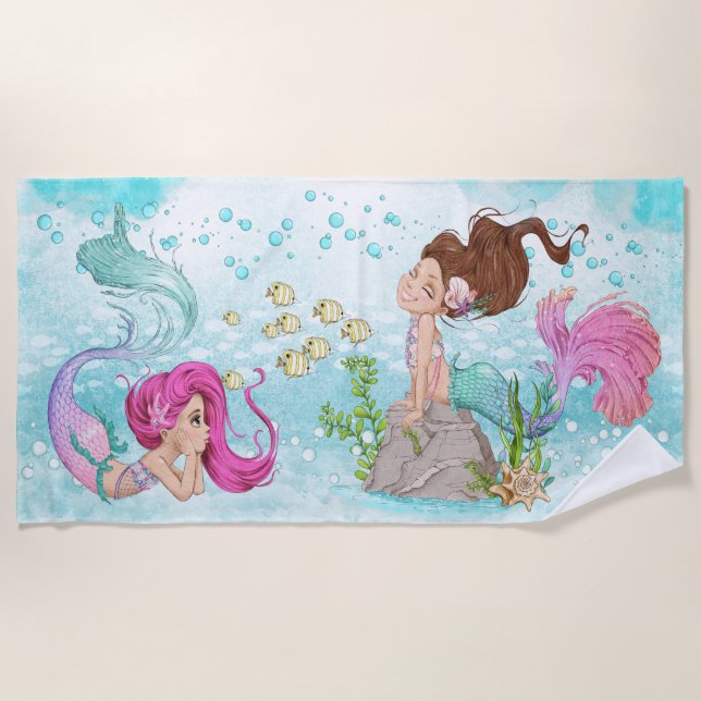 Beautiful Watercolor Little Mermaids Beach Towel (Front)
