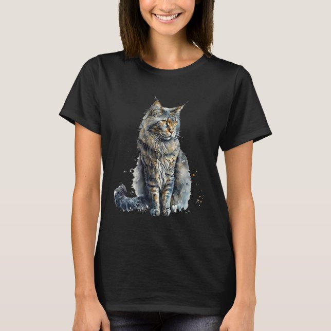 Beautiful Watercolor Maine Coon cat Portrait T-Shirt (Front)