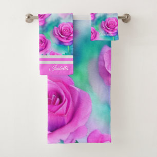 Beautiful Watercolor Modern Pink Roses Collection Bath Towel Set