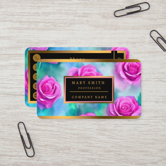 Beautiful Watercolor Modern Pink Roses Collection Business Card (Front/Back In Situ)