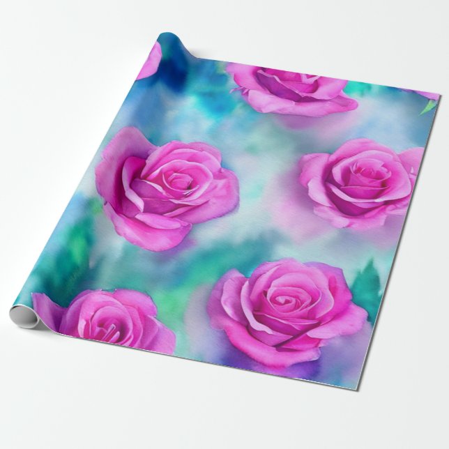 Beautiful Watercolor Modern Pink Roses Collection Wrapping Paper (Unrolled)