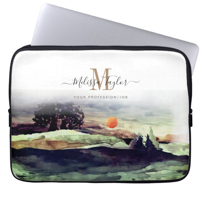 Beautiful Watercolor Mountains and Trees Monogram Laptop Sleeve (Front)