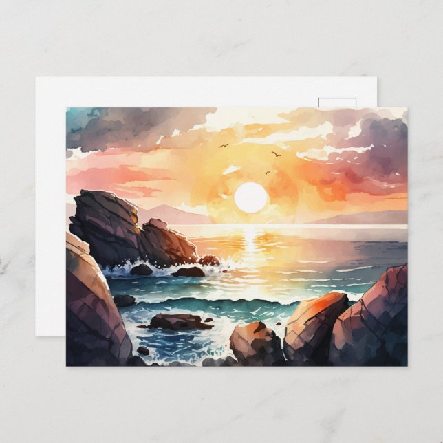 Beautiful Watercolor Ocean Sunset Landscape Postcard (Front/Back)