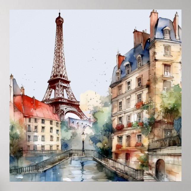 Beautiful Watercolor of Paris Travel Poster (Front)