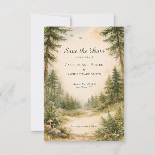 Beautiful Watercolor Painted Forest Scene Save the Date (Front)
