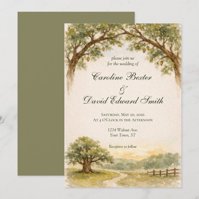 Beautiful Watercolor Painted Oak Trees Invitation (Front/Back)