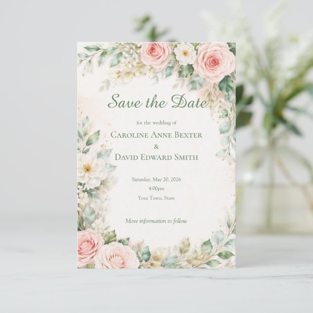 Beautiful Watercolor Painted Roses Save the Date (Standing Front)