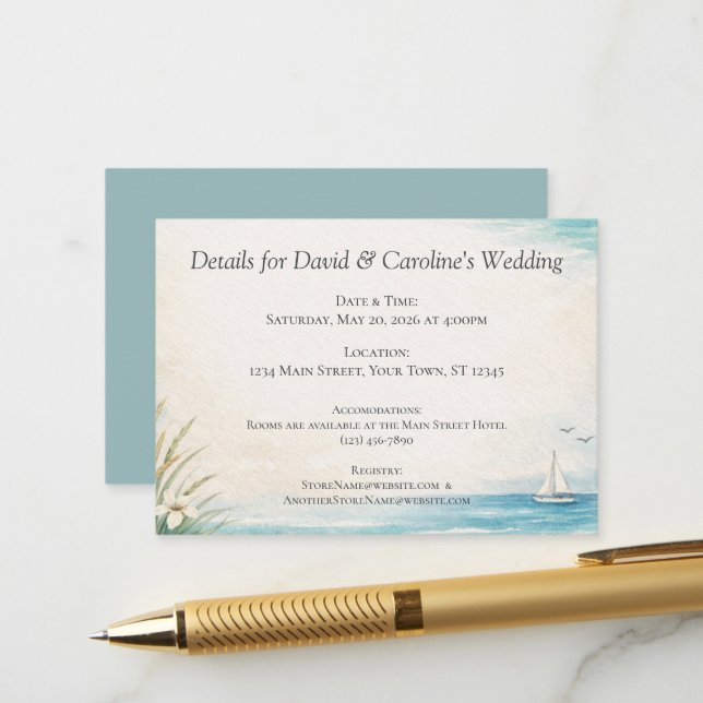 Beautiful Watercolor Painted Seaside Coastal Enclosure Card (Front/Back In Situ)