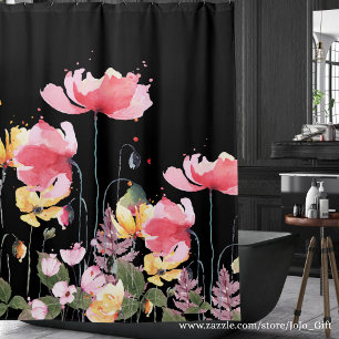 Beautiful watercolor painting wildflowers black shower curtain