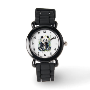 Beautiful Watercolor Panda Bear Black Numbers Watch
