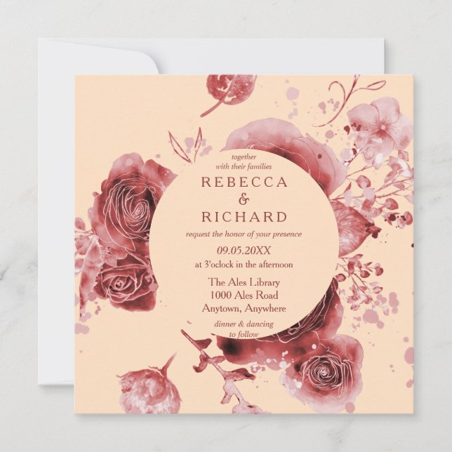 Beautiful Watercolor Peach Burgundy floral wedding Invitation (Front)