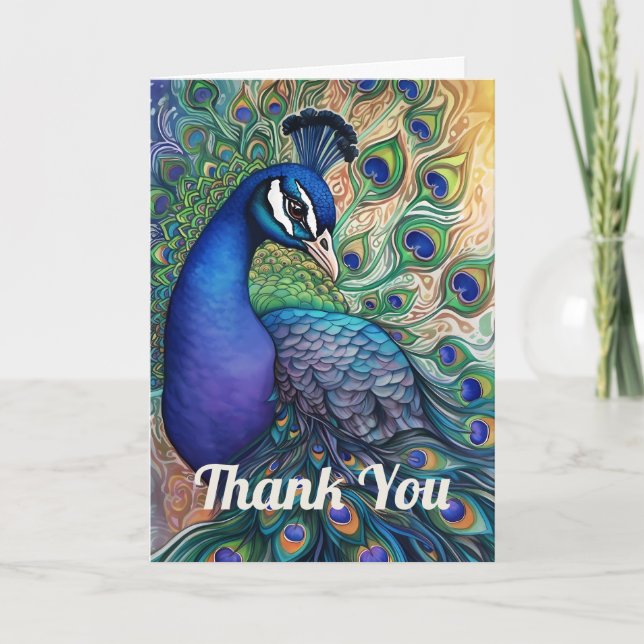 Beautiful Watercolor Peacock  Thank You Card (Front)