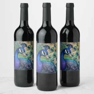 Beautiful Watercolor Peacock Wine Label