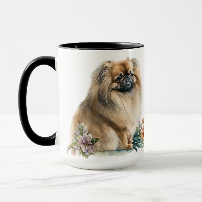 BEAUTIFUL WATERCOLOR PEKINGESE DOG & FLOWERS MUG (Left)