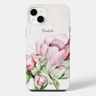 Beautiful Watercolor Peonies Beige Personalised iPhone 14 Plus Case