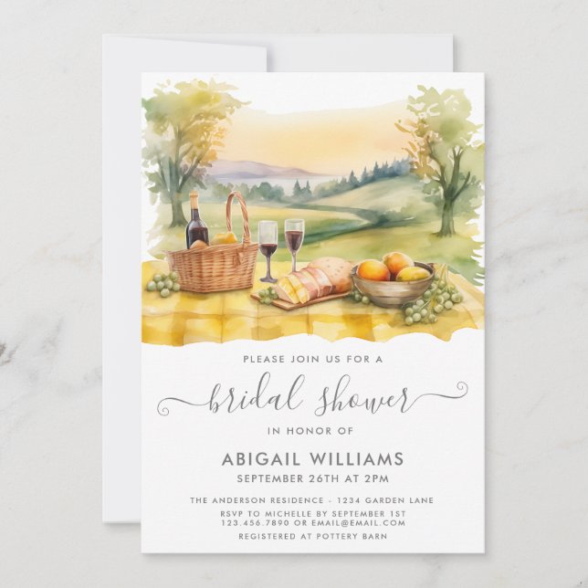 Beautiful Watercolor Picnic Wine Bridal Shower Invitation (Front)