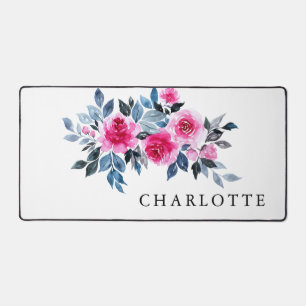 Beautiful Watercolor Pink Floral With Name Desk Mat