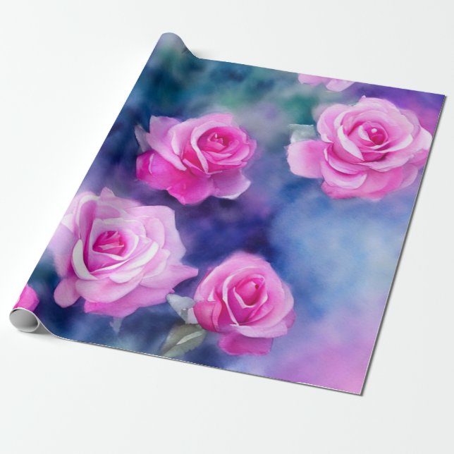 Beautiful Watercolor Pink Rose Trendy Collection Wrapping Paper (Unrolled)