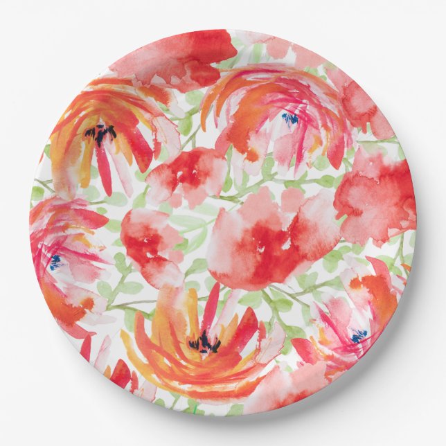 Beautiful Watercolor Poppy Flower Design Paper Plate (Front)