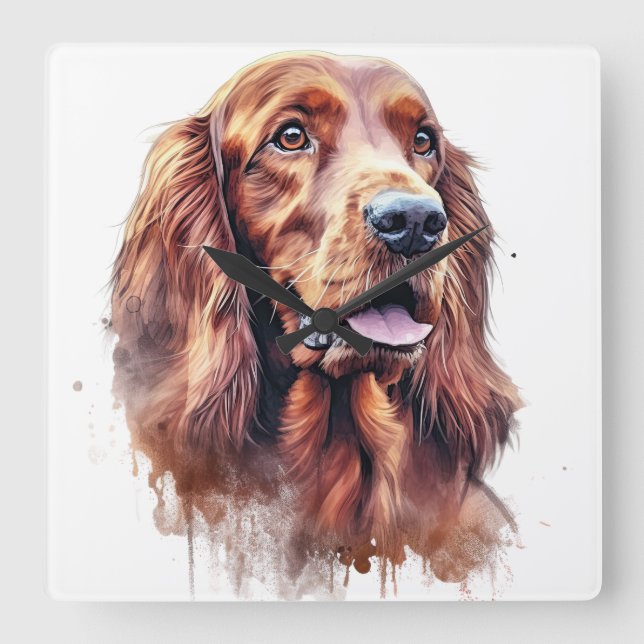 BEAUTIFUL WATERCOLOR RED IRISH SETTER DOG SQUARE WALL CLOCK (Front)