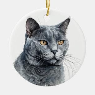 BEAUTIFUL WATERCOLOR RUSSIAN BLUE CAT FACE CERAMIC TREE DECORATION