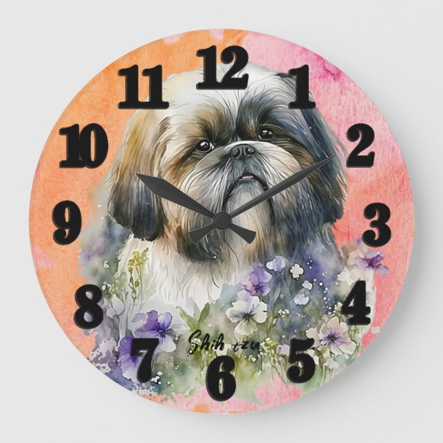 Beautiful Watercolor Shih tzu Dog Large Clock (Front)