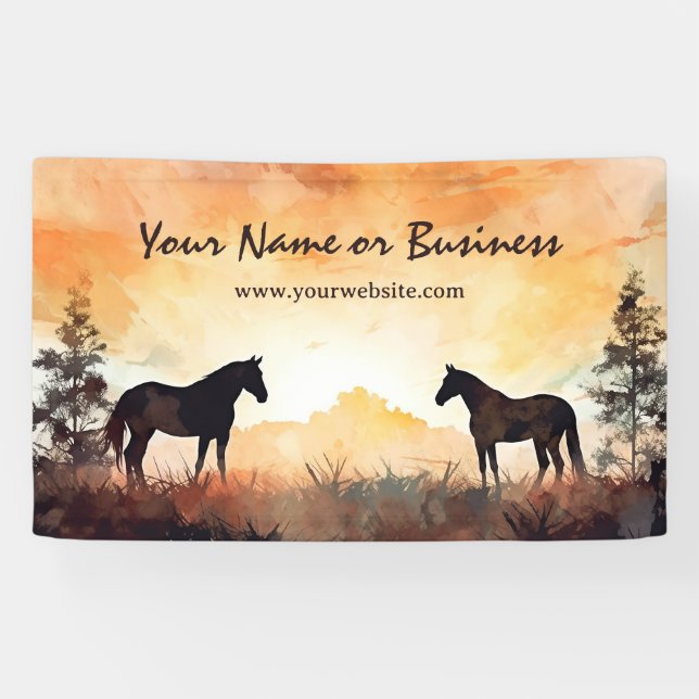 Beautiful Watercolor Silhouette Horses in Field Banner (Horizontal)