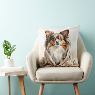 BEAUTIFUL WATERCOLOR SMALL PAPILLON PUPPY DOG CUSHION
