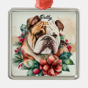 BEAUTIFUL WATERCOLOR SNOWY BULLDOG DOG FACE METAL TREE DECORATION