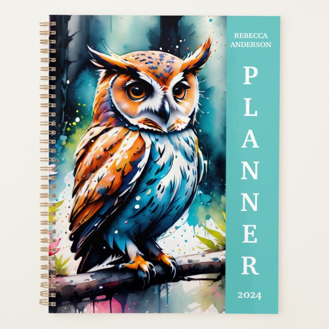 Beautiful Watercolor Splash Style Owl Planner (Front)