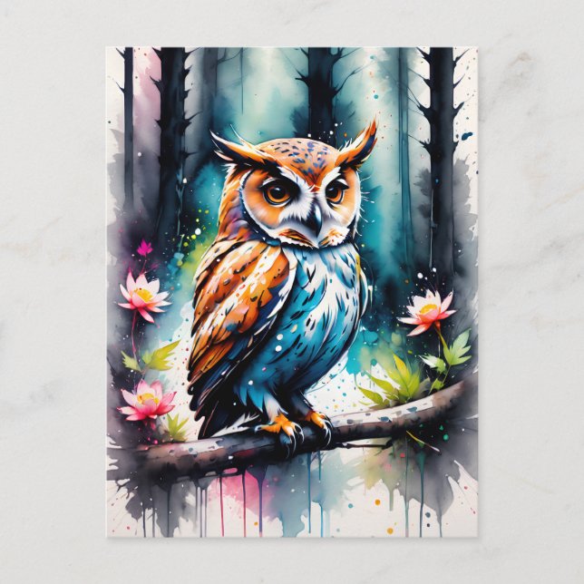 Beautiful Watercolor Splash Style Owl Postcard (Front)