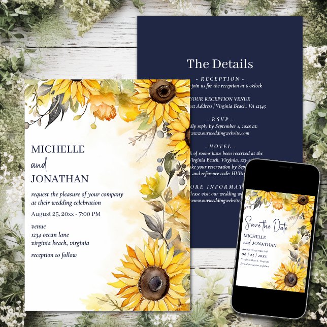 Beautiful Watercolor Sunflower All in One Wedding Invitation (Printed and Digital - Beautiful Watercolor Sunflower All in One Wedding Invitation)