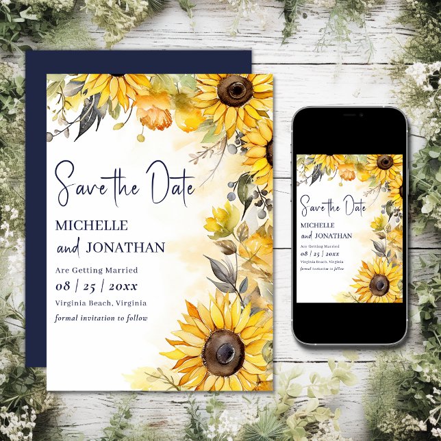 Beautiful Watercolor Sunflower Floral Wedding Save The Date (Printed and Digital - Beautiful Watercolor Sunflower Floral Wedding Save The Date)