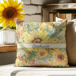 Beautiful Watercolor Sunflower Pattern Monogram Cushion