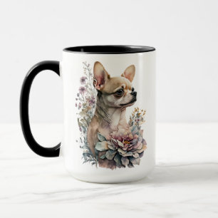 BEAUTIFUL WATERCOLOR TAN CHIHUAHUA DOG FLOWERS MUG