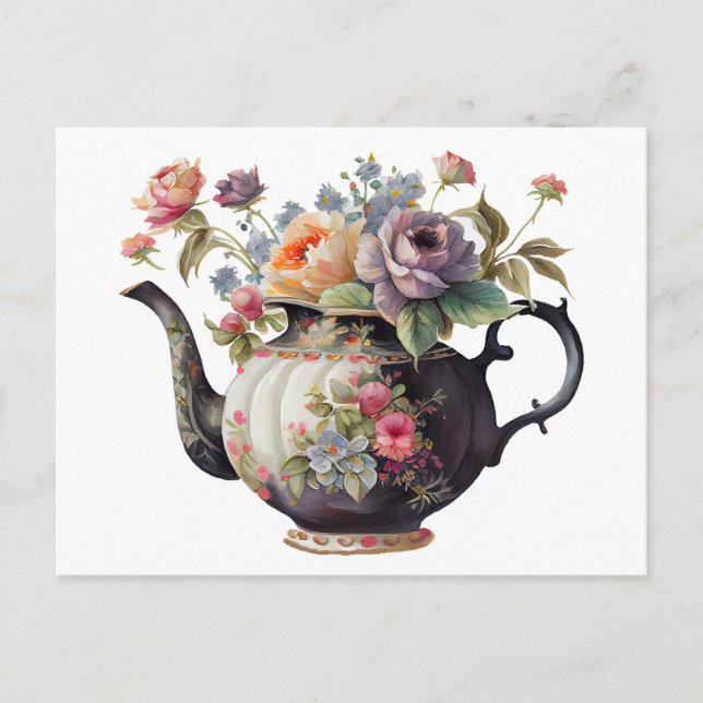 Beautiful Watercolor Teapot, Flowers, Teacups Postcard (Front)