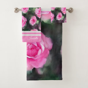 Beautiful Watercolor Trendy Pink Roses Collection Bath Towel Set