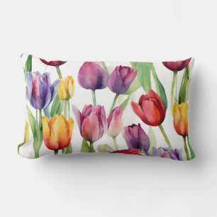 Beautiful Watercolor Tulip Flowers Lumbar Cushion
