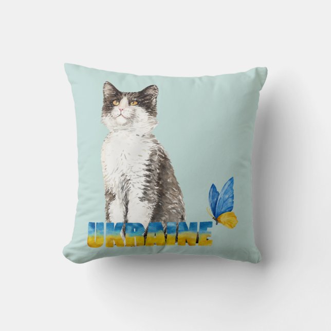 Beautiful Watercolor Ukraine Cat and Butterfly  Cushion (Front)