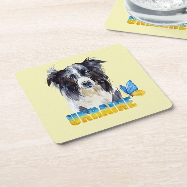Beautiful Watercolor Ukraine Dog and Butterfly  Square Paper Coaster (Angled)