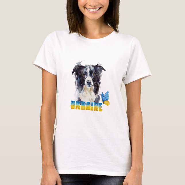 Beautiful Watercolor Ukraine Dog and Butterfly  T-Shirt (Front)