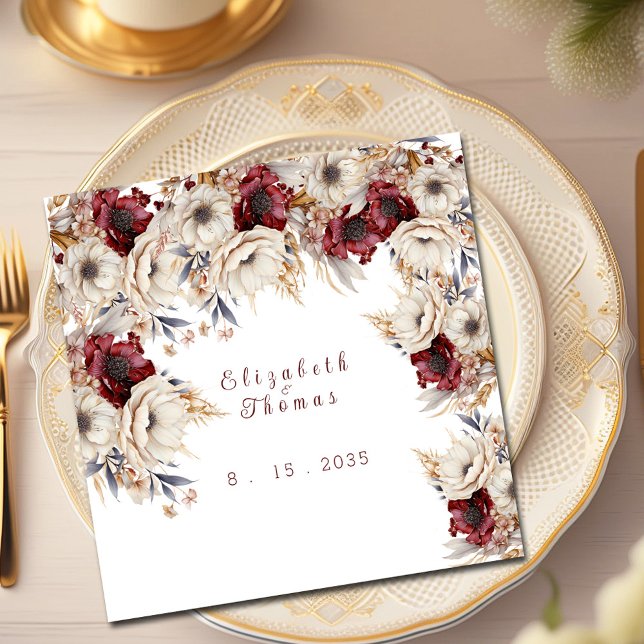 Beautiful Watercolor White Roses  Burgundy Poppies Napkin (Creator Uploaded)