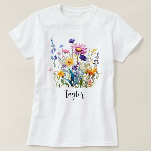 Beautiful Watercolor Wildflower Botanical Garden T-Shirt (Design Front)