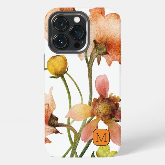 Beautiful watercolor wildflowers Orange Initial  iPhone Case (Back)