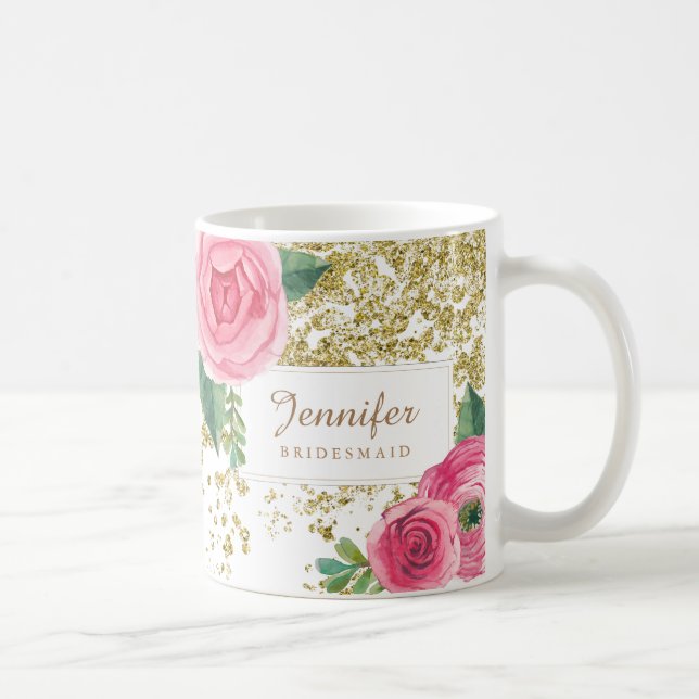 Beautiful Watercolour Roses with Gold Glitter Mug (Right)