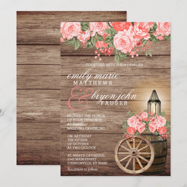 Beautiful Weathered Wood Barrel and Coral Flowers Invitation (Front/Back)