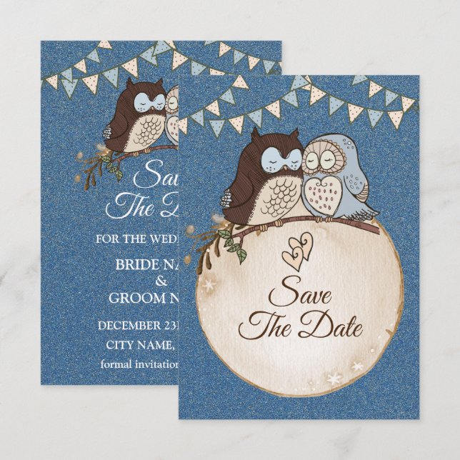 Beautiful Wedding Blue Brown Owl Glitter Save The  Date (Front/Back)
