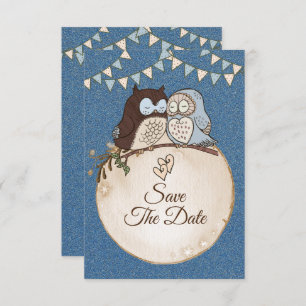 Beautiful Wedding Blue Brown Owl Glitter Save The  Save The Date