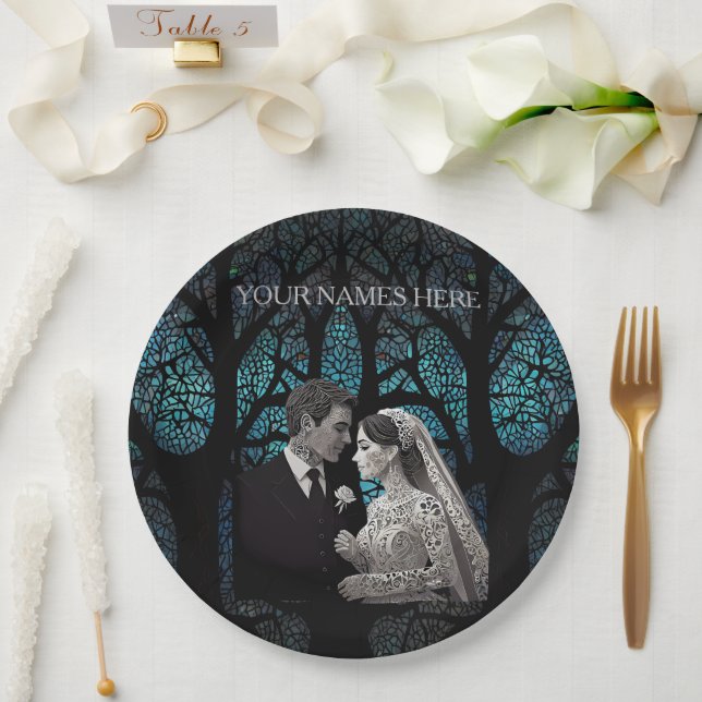 Beautiful wedding couple on a blue Tree of Life Paper Plate (Wedding)