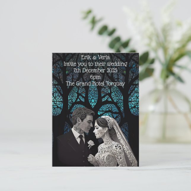 Beautiful wedding couple on a blue Tree of Life Postcard (Standing Front)